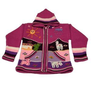 Hand knit zip up Girls Sweater Jacket. April showers! Flat lat 14”P, 17” L.